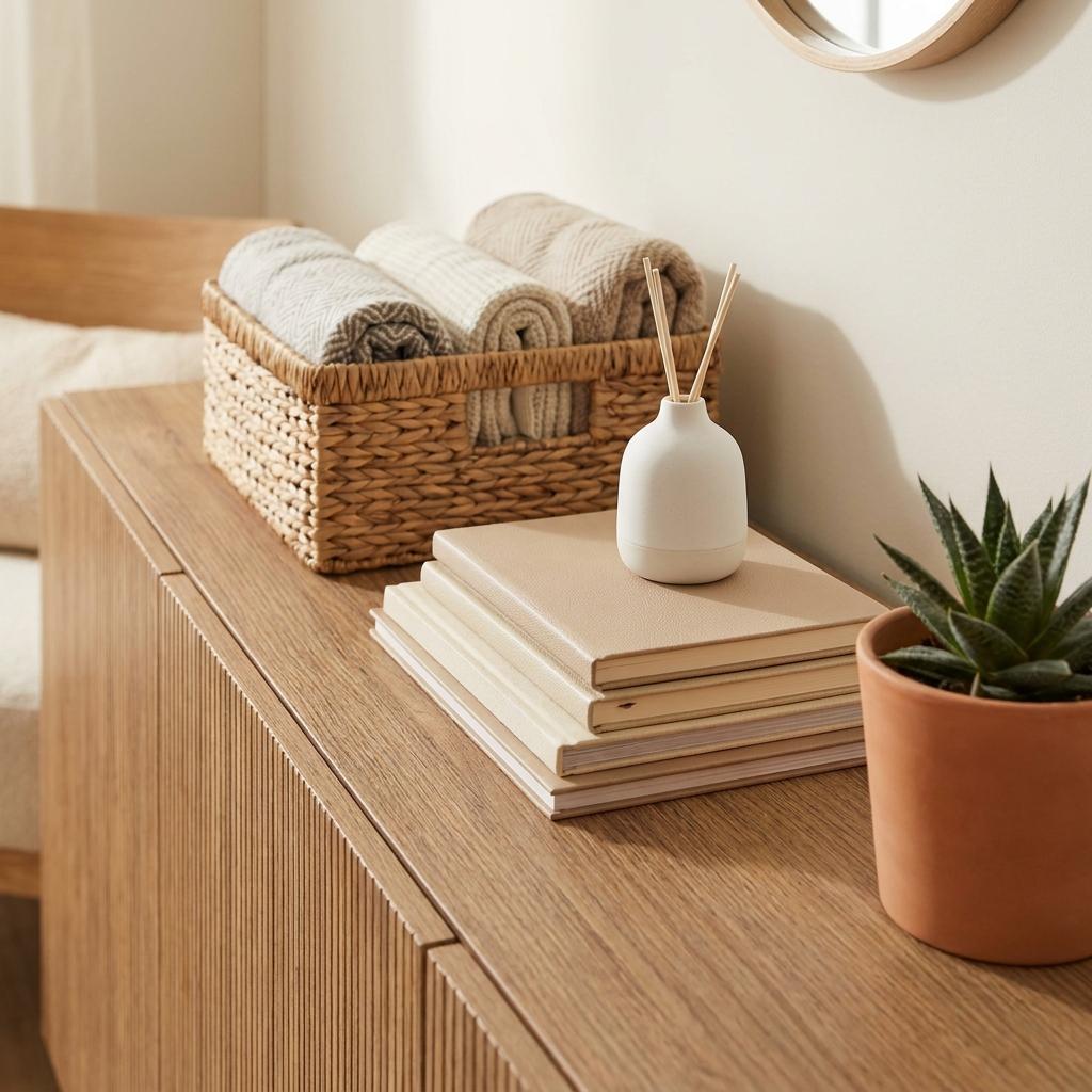 Organized wooden cabinet with woven storage baskets, books, diffuser, and minimalist home decor.