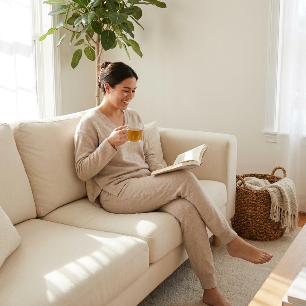 Person relaxing with tea in a bright, organized living room featuring minimalist decor.