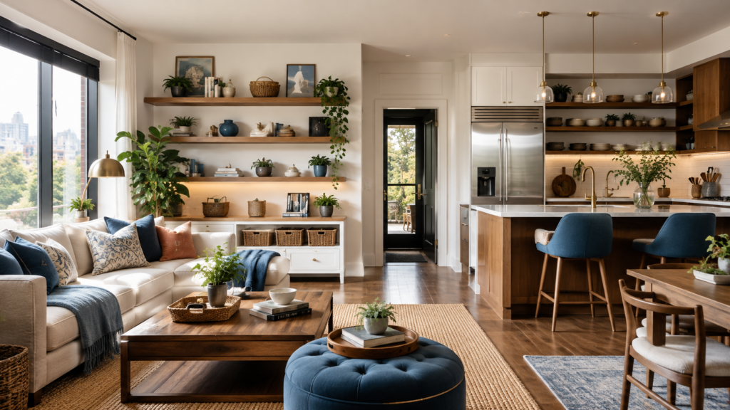 Stylish small apartment with organized living room, smart storage solutions, and a bright open kitchen