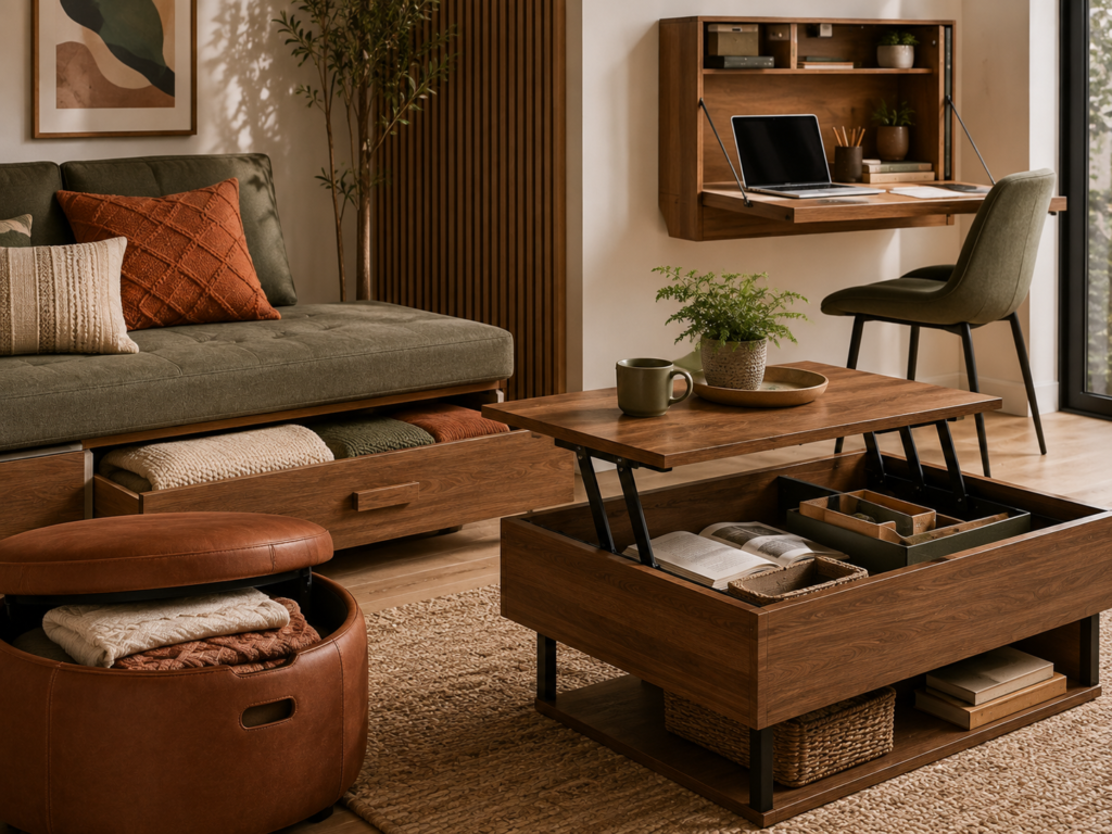 Small apartment with multifunctional furniture including a lift-top coffee table, storage ottoman, sofa storage, and fold-down desk