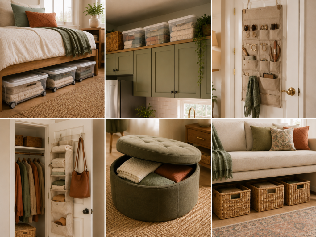 Six practical hidden storage ideas for small spaces, including under-bed bins, above-cabinet storage, over-the-door organizers, closet door storage, a storage ottoman, and baskets under a sofa.