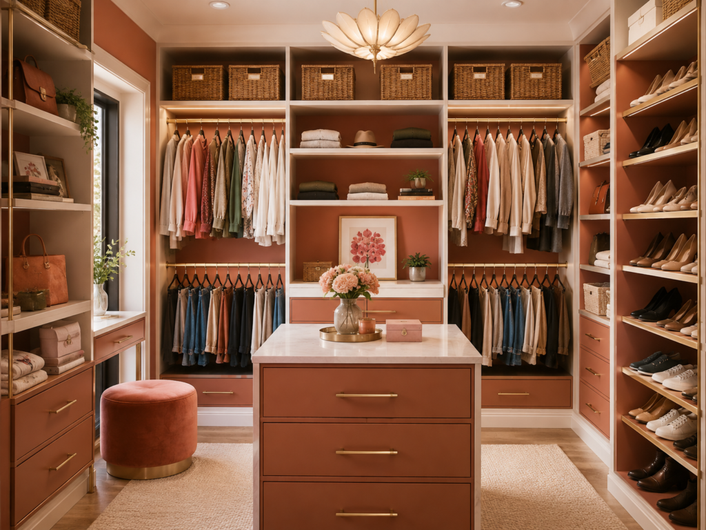 Organized small closet with double hanging rods, slim hangers, labeled baskets, storage bins, folded clothes, and shoes