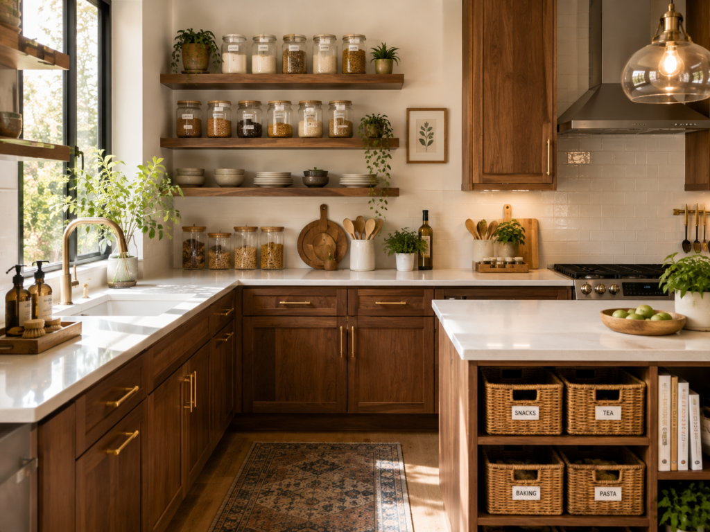 Small organized kitchen with clear pantry containers, labeled jars, floating shelves, organized utensils, and clutter-free countertops
