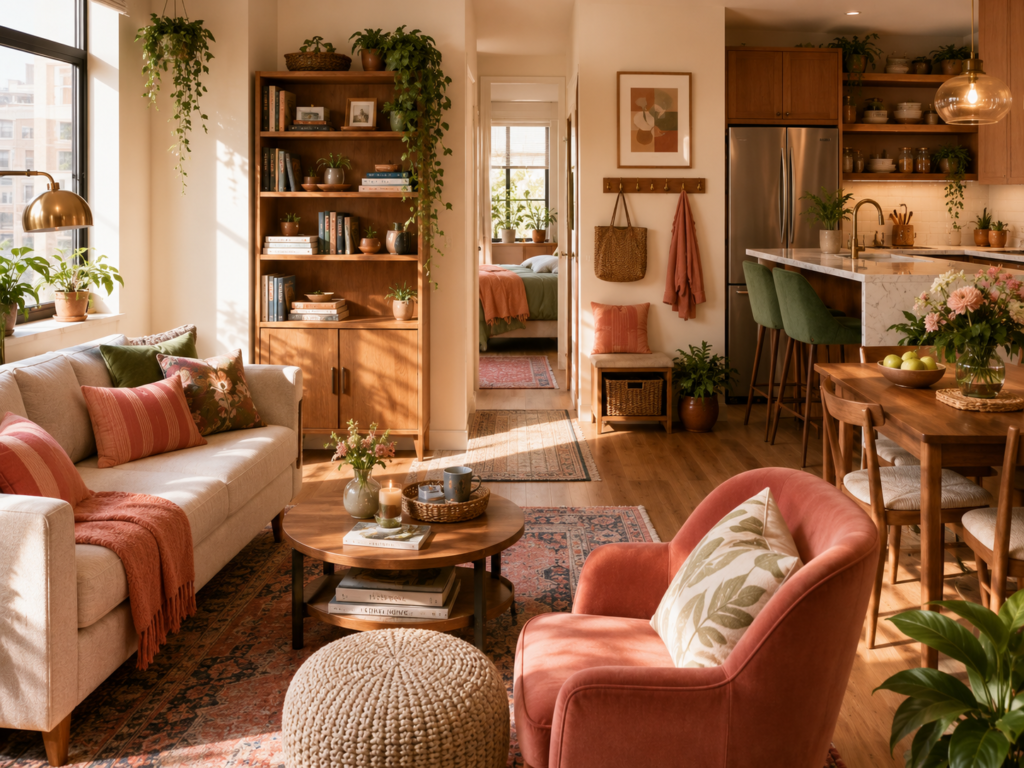 Cozy organized small apartment with natural light, plants, storage baskets, colorful cushions, and neatly arranged furniture
